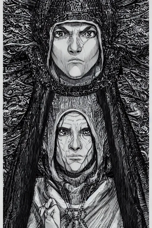 Image similar to portrait of Daniel Trejo as church nun, intricate, highly detailed, artstation, manga illustration by Kentaro Miura