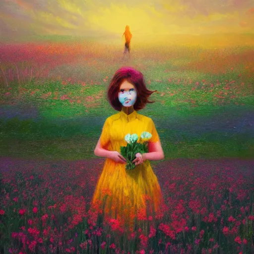 Prompt: girl with an blooming flower face, surreal photography, dream, standing in flower field, magical, in a valley, sunrise dramatic light, impressionist painting, colorful clouds, artstation, simon stalenhag, flower face