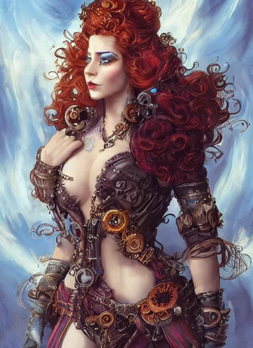 Image similar to three-quarters pose portrait of sensual Lady Mechanika, very beautiful young woman, ginger wavy hair, Intricate, steampunk imagery themed, D&D!, fantasy style, sharp focus!, ultra detailed, art by Artgerm and Peter Andrew Jones, WLUP