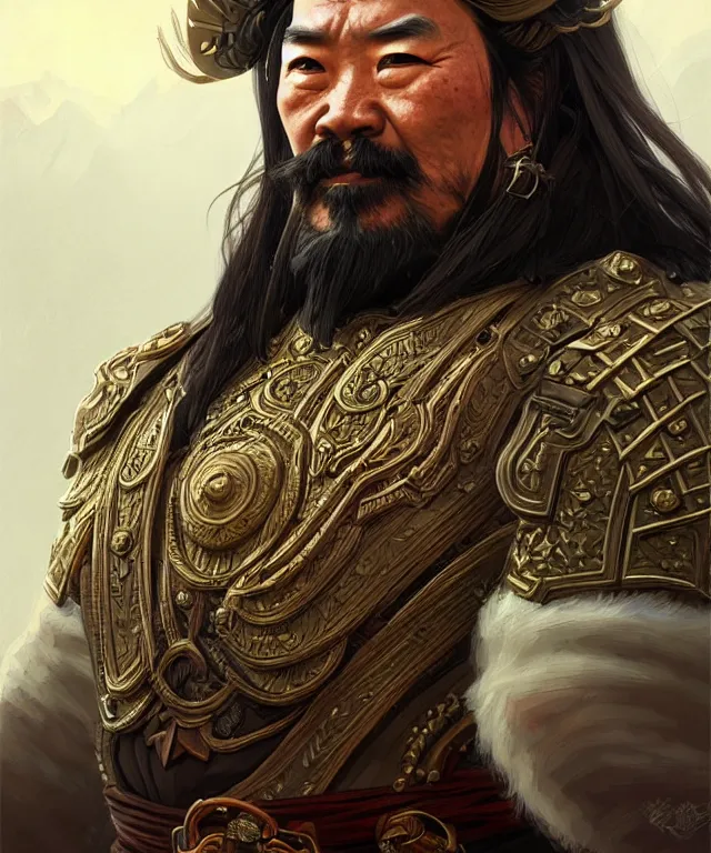 Prompt: old mongolian dwarf general portrait, armored, face, long hair, moustache, fantasy, intricate, elegant, highly detailed, digital painting, artstation, concept art, smooth, sharp focus, illustration, art by artgerm and greg rutkowski and alphonse mucha