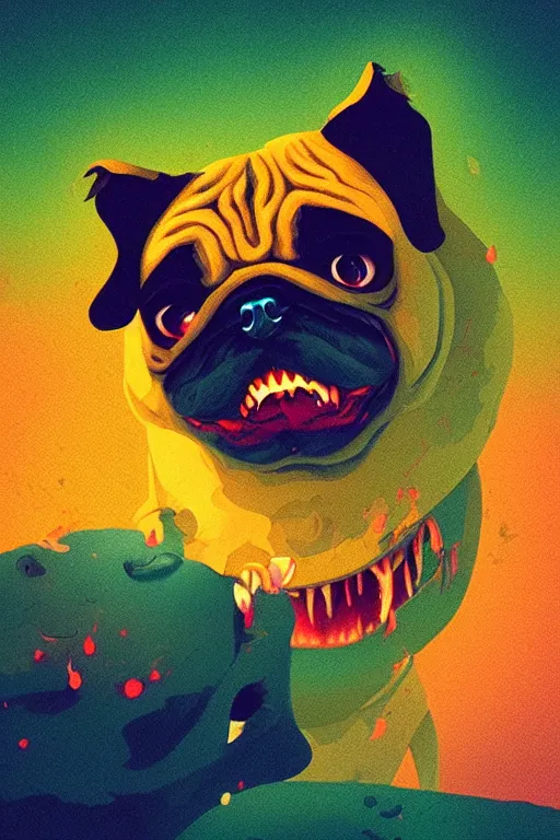 Image similar to demon pug eating flesh. art by mike winkelmann, sticker, colorful, illustration, highly detailed, simple, smooth and clean vector curves, no jagged lines, vector art, smooth, artstation