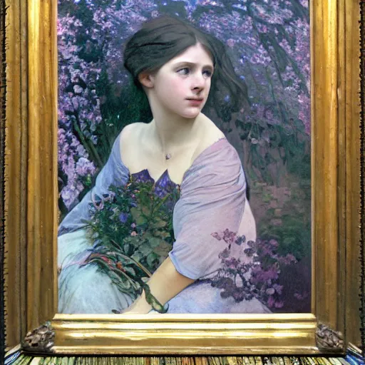 Image similar to a beautiful painting of a young girl in the scottish highlands, underexposed and overcast, by alphonse mucha, john sargent, and octane.