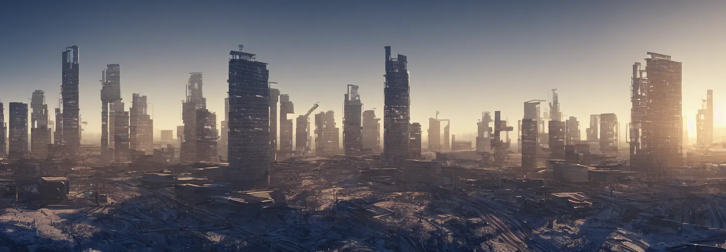 Prompt: modern corporate concrete and glass towers and industrial buildings on a cold, snowy hill at sunrise, light reflecting off windows, Octane render, Concept art, 2077, sim city.