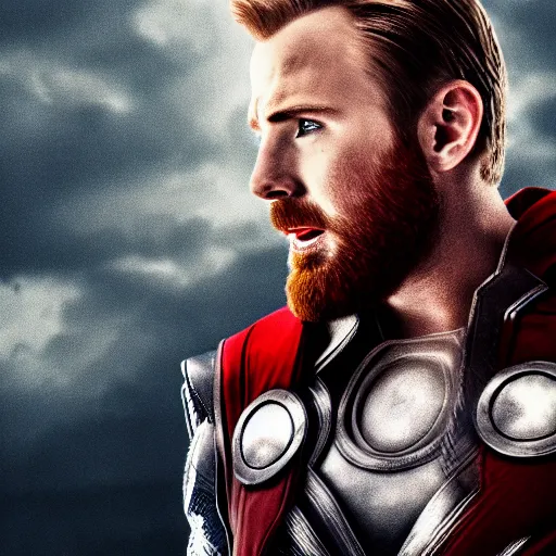 Prompt: chris Evans as thor, Marvel , cinematic, photorealistic, film grain, 4k, movie poster, 8k