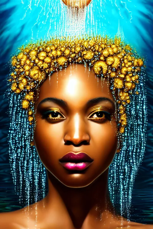 Image similar to hyperrealistic precisionist cinematic profile very beautiful! black oshun goddess, dancing in water!, mirror dripping droplet!, gold flowers, highly detailed face, digital art masterpiece, smooth eric zener cam de leon, dramatic pearlescent turquoise light on one side, low angle uhd 8 k, shallow depth of field