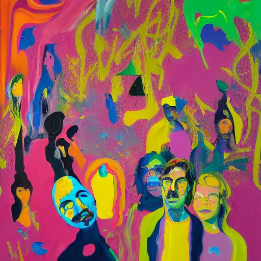 Image similar to people in the crowd, an ultrafine detailed painting by peter max and francis bacon and fiona rae and maryam hashemi and hernan bas and anna mond and max gubler, featured on deviantart, metaphysical painting, neo expressionism, melting paint, biomorphic, mixed media, photorealistic, dripping paint, palette knife texture, masterpiece