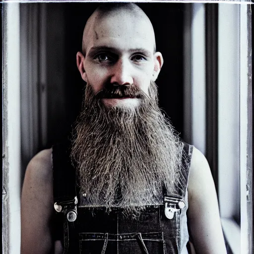 Image similar to far view, in british museum, extremely skinny malnourished redneck white male with long beard, wearing dirty overalls, dirty greasy face, grin, portrait, close up, kodak gold 2 0 0, 5 0 mm,