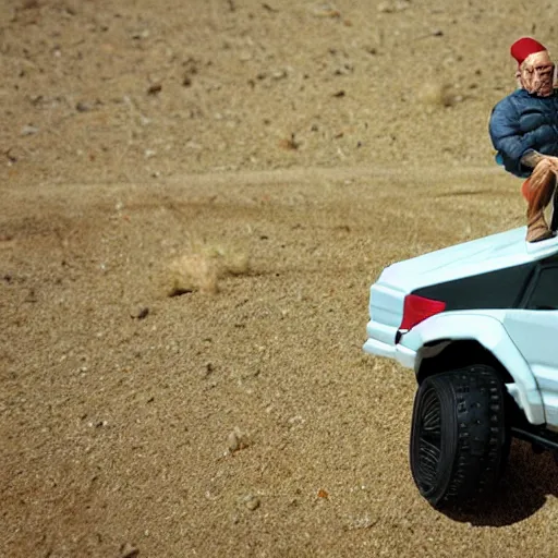 Image similar to Walter White riding a raptor