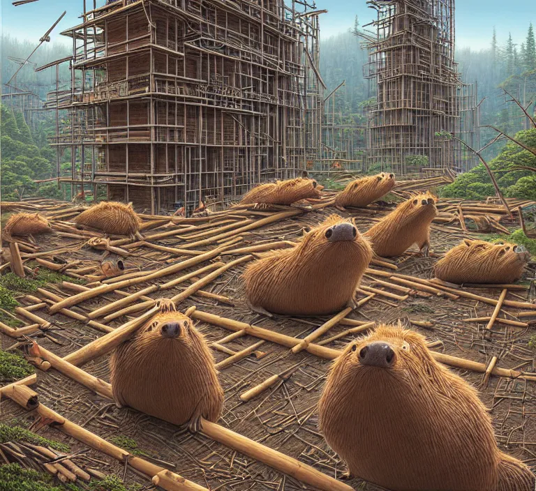 Image similar to photography hyperrealism concept art of highly detailed anthropomorphic beavers builders that building highly detailed futuristic city with sticks by hasui kawase and scott listfield sci - fi style hyperrealism