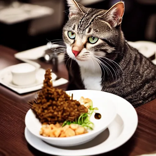 Image similar to A photo of a cat wearing a suit sitting in a fancy and expensive gourmet restaurant and eating a plate of cat food. f/2.8, dim lighting, award winning photo