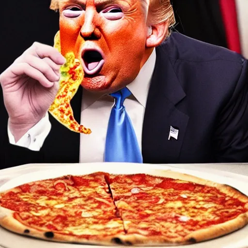Prompt: Donald Trump eating pizza on an T-rex