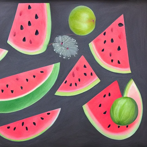 Prompt: Watermelon juice. Watermelon, watermelon seeds, charcoal painting, colourful