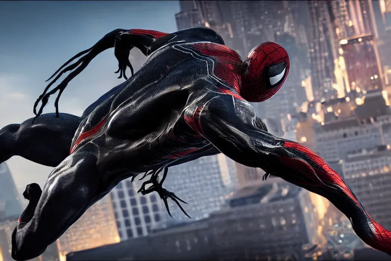 Image similar to venom fused with spider - man, ultra realistic 4 k unreal engine very cinematic render with ray tracing bloom ambient occlusion strong reflections