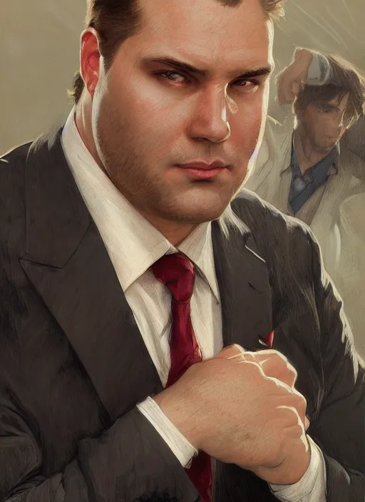 Image similar to portrait of a clean - shaven chubby chubby chubby white man in a suit and tie, office setting, d & d, detailed, digital art, artstation, smooth, sharp focus, art by artgerm, greg rutkowski, alphonse mucha