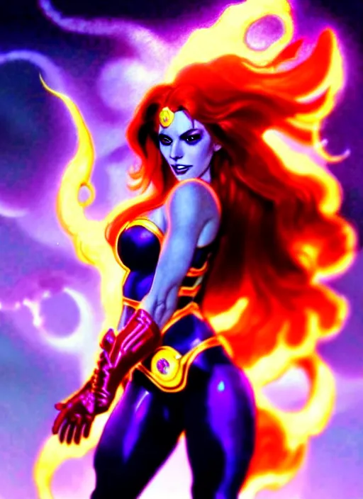 Image similar to front portrait hands behinds pose of attractive Starfire with ginger wavy hair using white gloves, hands behind her pose!, Intricate overlay flames imagery , D&D!, fantasy style, sharp focus!, ultra detailed, art by Artgerm and Peter Andrew Jones, WLUP