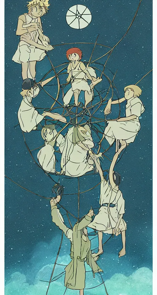 Prompt: three of pentacles tarot card as drawn by studio ghibli, whole card, white frame, concept art
