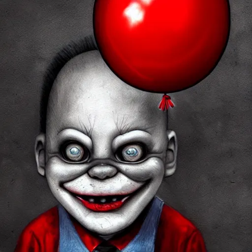 Prompt: surrealism grunge cartoon portrait sketch of slender man with a wide smile and a red balloon by - michael karcz, loony toons style, chucky style, horror theme, detailed, elegant, intricate