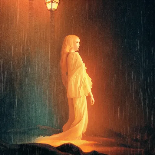 Image similar to silhouette of Elle Fanning in the world of Dante’s Inferno, stormy weather, extremely detailed masterpiece, oil on canvas, low-key neon lighting, artstation, Blade Runner 2049, Roger Deakin’s cinematography, by J. C. Leyendecker and Peter Paul Rubens,