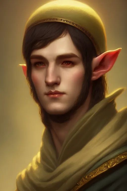 Prompt: a portrait of a fantasy male elf, bored, illustration, soft lighting, soft details, painting oil on canvas by Edmund Blair Leighton and Charlie Bowater octane render trending on artstation d&d characters, 4k, 8k, HD