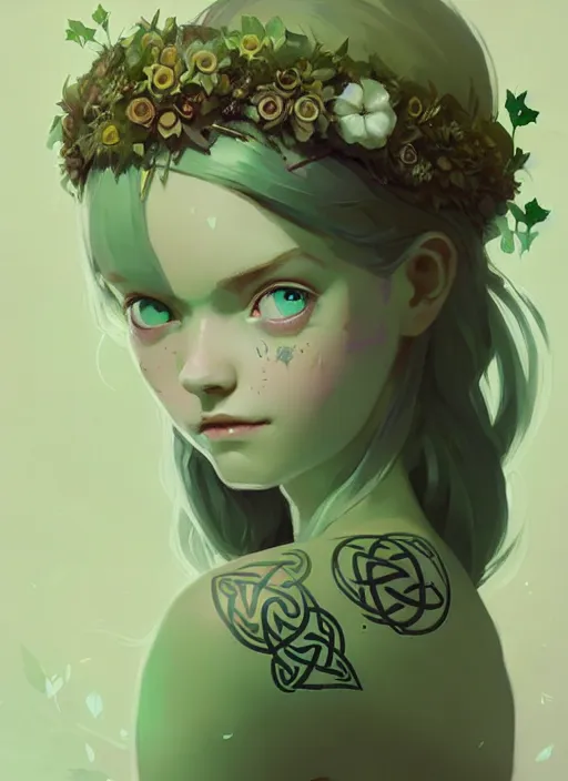 Image similar to portrait of cute fairy girl with crown of flowers covered with celtic rune tattoos, fantasy, by atey ghailan, by greg rutkowski, by greg tocchini, by james gilleard, by joe gb fenton, by kaethe butcher, dynamic lighting, gradient light green, brown, blonde cream and white color in scheme, grunge aesthetic