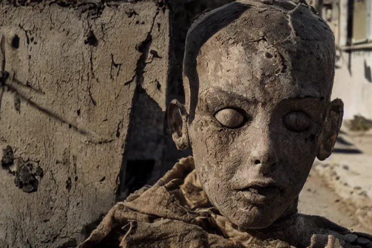 Prompt: vfx movie scene dilapidated mannequin in war torn street, natural lighting closeup by emmanuel lubezki