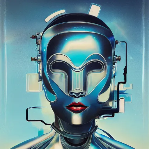 Image similar to scifi futurism automaton minimalism chrome by peter mohrbacher art Hajime Sorayama airbrush hyperrealism model abstract shatter fragments cubism futurism pastel blue soft flat minimal minimalism portrait face jackson pollock ukiyo-e lithograph mark ruthko swirl escape noise shimmer glow paint