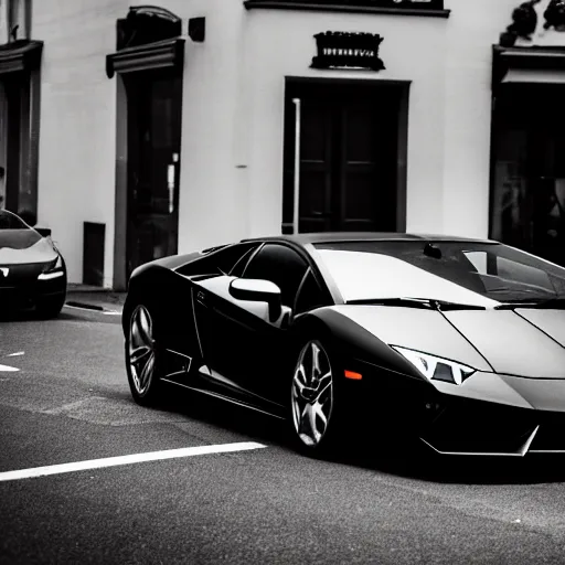 Image similar to black and white press photograph of a tired and depressed man in a black suit pushing a lamborghini that is out of gas on a busy city street, sideview, detailed, natural light, mist, film grain, soft vignette, sigma 5 0 mm f / 1. 4 1 / 1 0 sec shutter, imax 7 0 mm footage