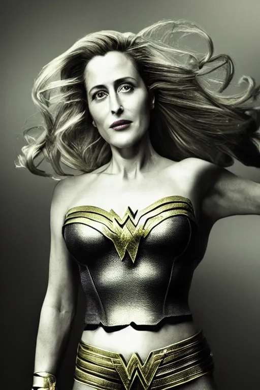 Prompt: photo of a beautiful 40-year-old Gillian Anderson dressed as wonder woman (2020) by Mario Testino and stanley lau, detailed, award winning, Sony a7R, trending on artstation