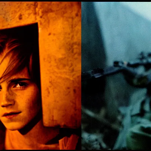 Image similar to film still, extreme far view, emma watson vietnam door gunner, film still from apocalypse now ( 1 9 7 9 ), 2 6 mm, kodak ektachrome, blue tint expired film,