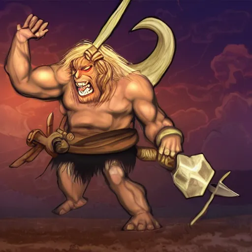 Image similar to huge smug minotaur wielding a great - axe, menacing aura