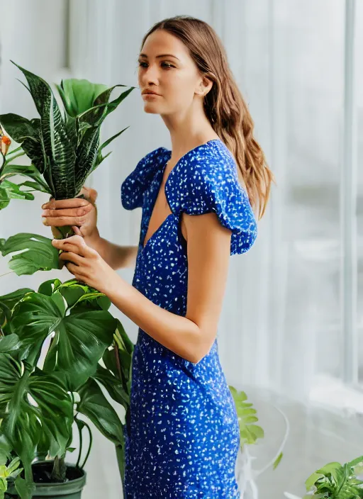 Prompt: woman dancing in a marine blue summer dress, fashion magazine, indoor plants in the background, elegant, photorealistic camera shot, studio lighting, crisp quality and light reflections