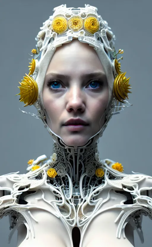 Image similar to intricate hyper detailed ultra sharp 3 d render of a beautiful smooth white porcelain seductive cyborg woman portrait, medium shot portrait, bright light, alexandre ferra mecha, haute couture deeply cyberpunk art nouveau huge white fractal mycelum and fungi light yellow blooms head ornaments, big embroidered leaves filigree spreaded roots, octane render, volumetric cinematic lighting, 8 k, vray tracing