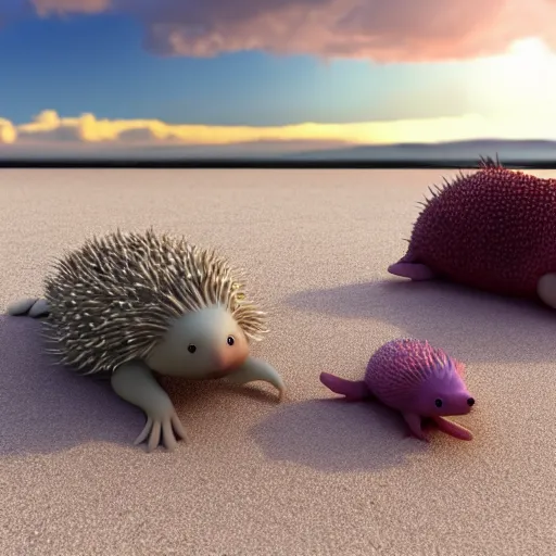 Prompt: axolotl and hedgehog chilling on a beach, concept render, sunset lighting, 4 k