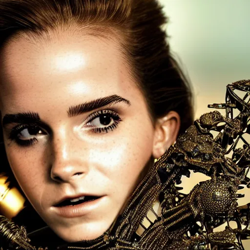 Prompt: beatifull closeup of face shoulders of futuristic biomechanical emma watson sculpture, fractal, intricate, elegant, highly detailed, ornate, elegant, luxury, beautifully lit, ray trace grinning vogue fashion shoot by peter lindbergh fashion poses detailed, saturated tokyo neon lighting, blade runner, golden hour, professional photograph by peter gric styling