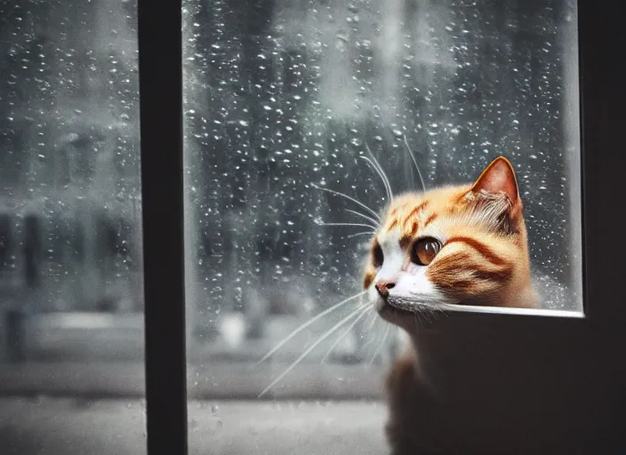 Image similar to photography of a Cat . watching outside the window while it rains. on a bed. in a room full of vinyls and posters, photorealistic, raining award winning photo, 100mm, sharp, high res