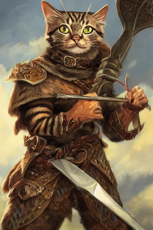 Image similar to Very detailed painted Dungeons & Dragons portrait of a cat warrior wielding an axe, trending on artstation, artstationHD, artstationHQ, 4k, 8k