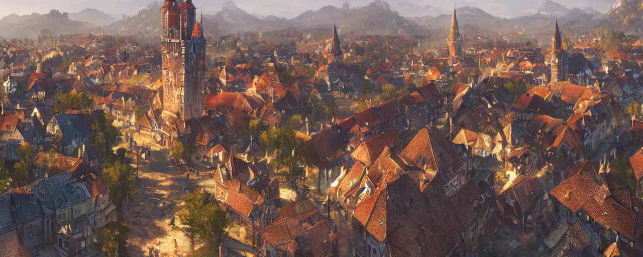 Prompt: close up map of a city. pc game. witcher 3 novigrad. village. detailed. church. markets. city center. river. art by moebius and thomas kinkade and greg rutkowski.