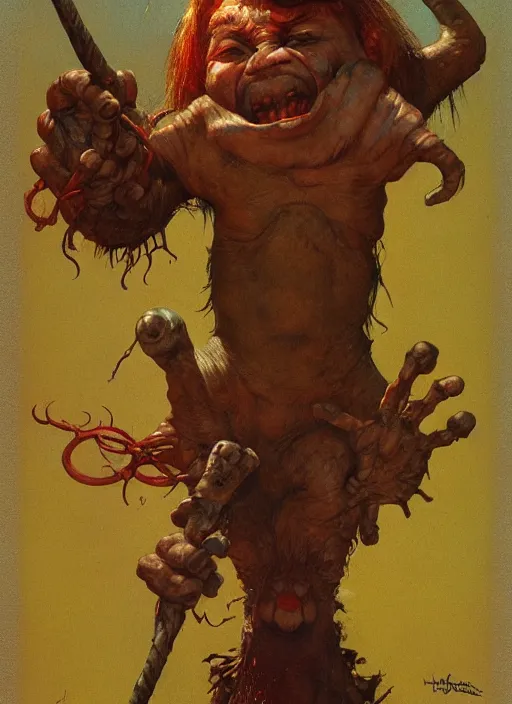 Prompt: possessed munchkin from oz, by lawrence alma-tadema and zdzislaw beksinski and norman rockwell and jack kirby and tom lovell and greg staples, artstation creature art