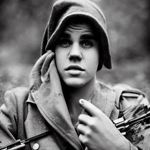 Prompt: justin bieber in a trench during world war 1, photo realistic, black and white