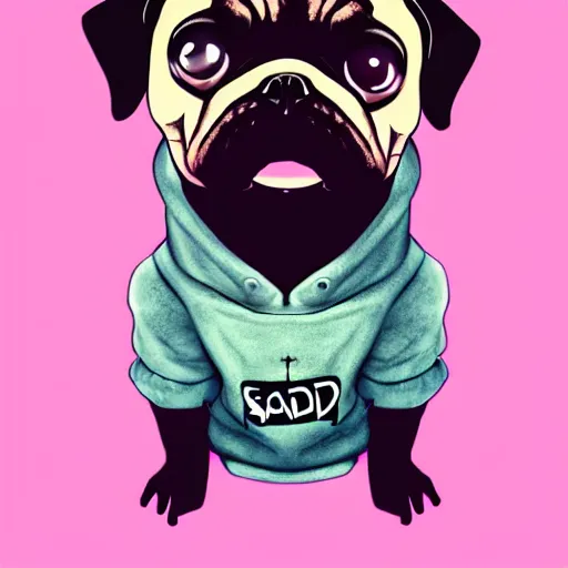 Prompt: a sad pug wearing a hoodie, the word'sad'is written on the hoodie in upper case letter, synthwave style, trending on artstation, matte painting