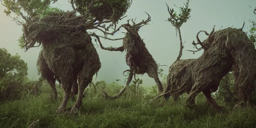 Image similar to a detailed 3 d render magical beast occult magick features in the style of beeple and ethnobotany and dark fantasy, 8 k, crisp, cg society, award winning art, dazzling, fascinating