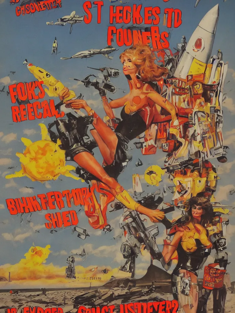 Prompt: evil cheeseburger stands on a beach rockets are landing in the background, forbidden planet, pulp sci fi, poster