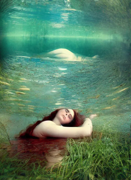 Image similar to lady laying under the river bed amongst the weeds, underwater shot, submerged, medium shot, on the bed of the river preraphaelite colour photography, 8 k