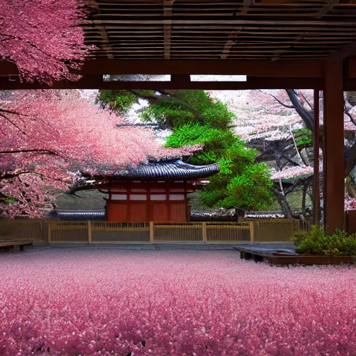 Image similar to hyperrealistic painting of a highly detailed photorealistical samurai, standing in front of traditional Japanese hut, cherry blossom trees outside, Feng Shui Style, cinematic concept art, art station, award winning art, 8k, octane render, unreal engine 5