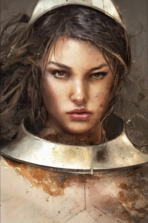 Image similar to a photorealistic painting of an attractive young girl, partially clothed in battle armor, olive skin, long dark hair, beautiful bone structure, symmetrical face, perfect eyes, intricate, elegant, digital painting, concept art, illustration, sharp focus, minimal artifacts, from Metal Gear, in the style of Ruan Jia and Mandy Jurgens, by Greg Rutkowski, trending on Artstation, award winning