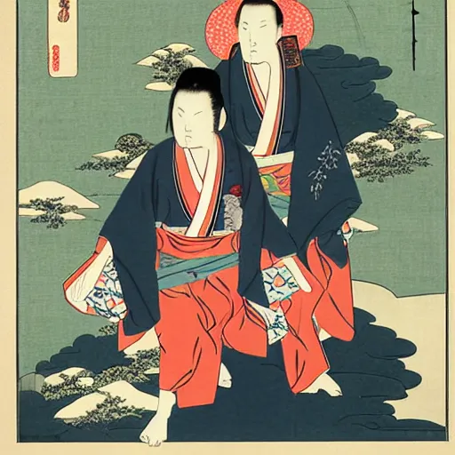 Image similar to rivers cuomo with a japanese woman with loose robes, ukiyo - e style