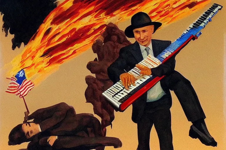 Prompt: Vladimur Putin Shredding on a Keytar in the style of Frank Frazetta