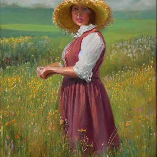 Image similar to pioneer lady in a meadow, prairie dress and bonnet, portrait, oil