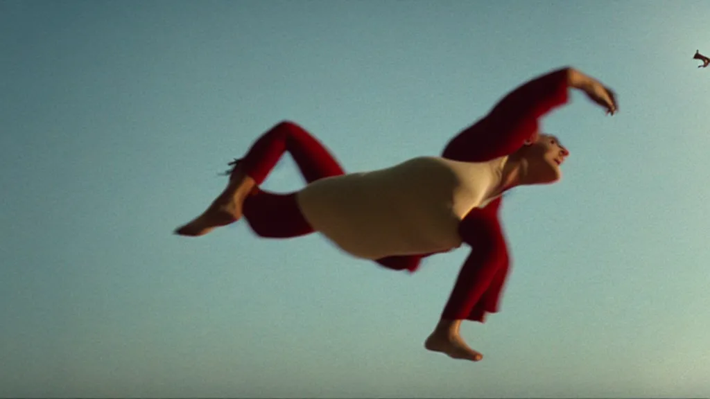 Prompt: a woman in a plank position free falling through the air, film still from the movie directed by Denis Villeneuve with art direction by Salvador Dalí, wide lens