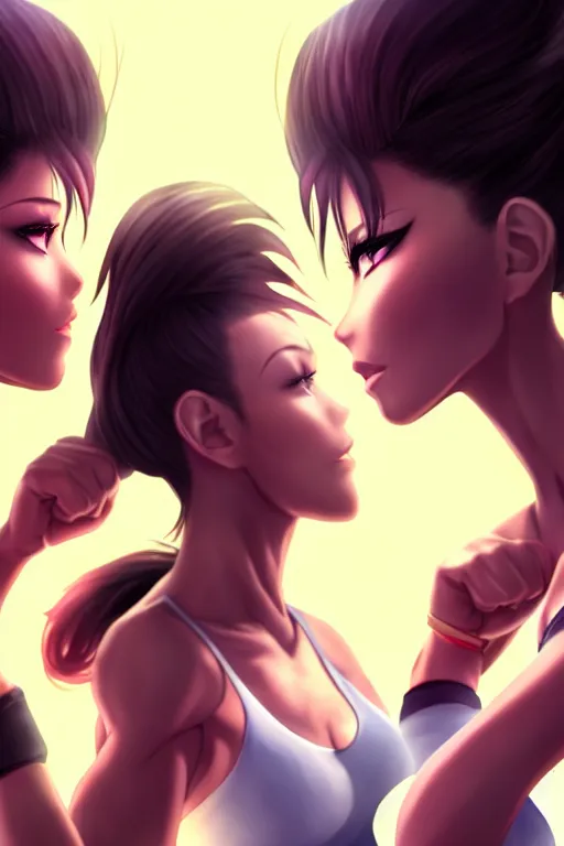 Prompt: two beautiful female fighters with hair tied in bun facing each other, gorgeous features, high definition, sharp focus, detailed anime art